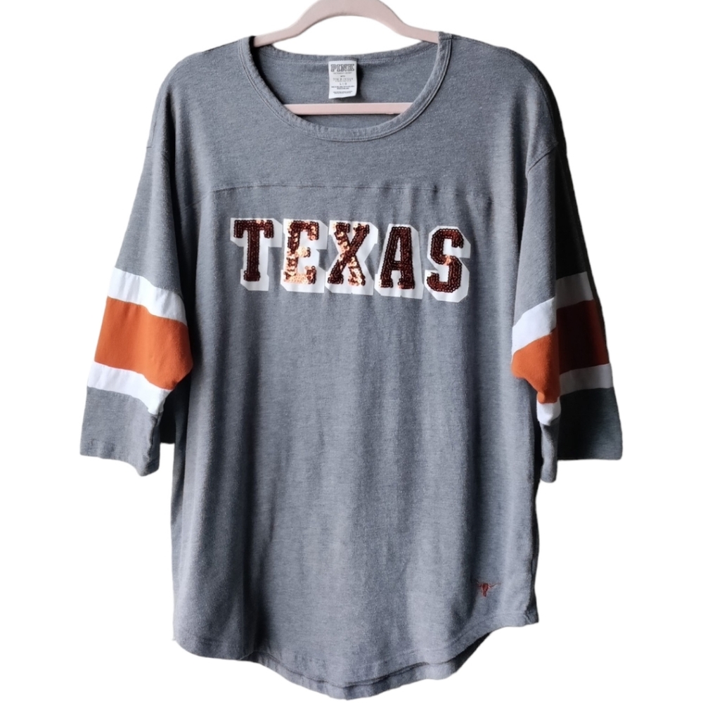 VS PINK -Texas Longhorns Tee w/Sequins - 3/4 Sleeve - Gray & Burnt Orange - Sz L